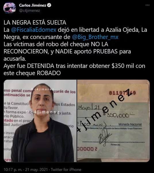 La fiscalía mexiquense determinó su liberación al no existir un reconocimiento directo por parte de los afectados
(Foto: Twitter/@c4jimenez)