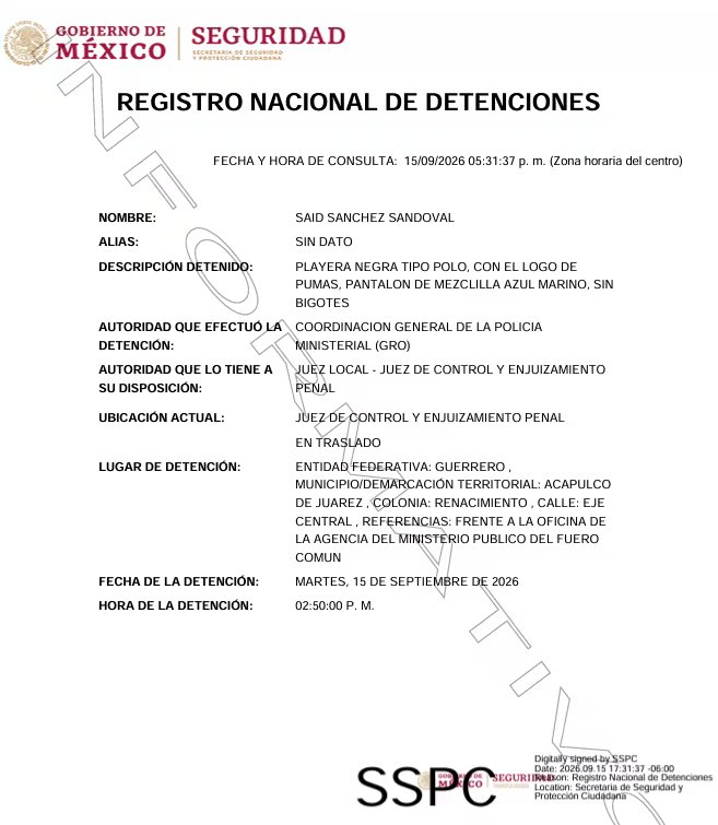 La captura fue realizada el 15 de septiembre a las 2:50 de la tarde por elementos de la Fiscalía General del Estado de Guerrero. (Crédito: Registro Nacional de Detenciones) 