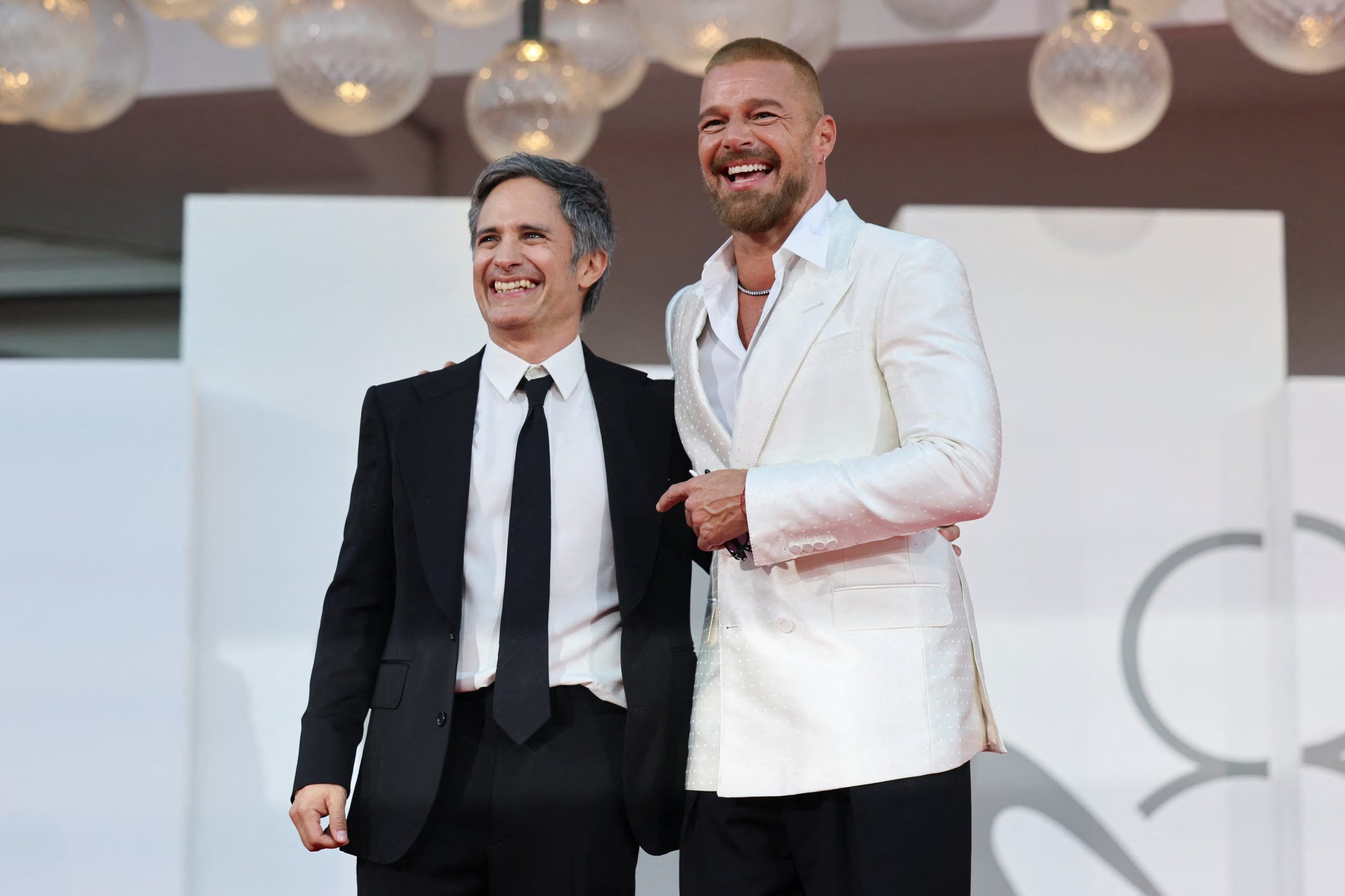 Ricky Martin and Gael Garcia Bernal pose on the red carpet during arrivals for the screening of the movie 