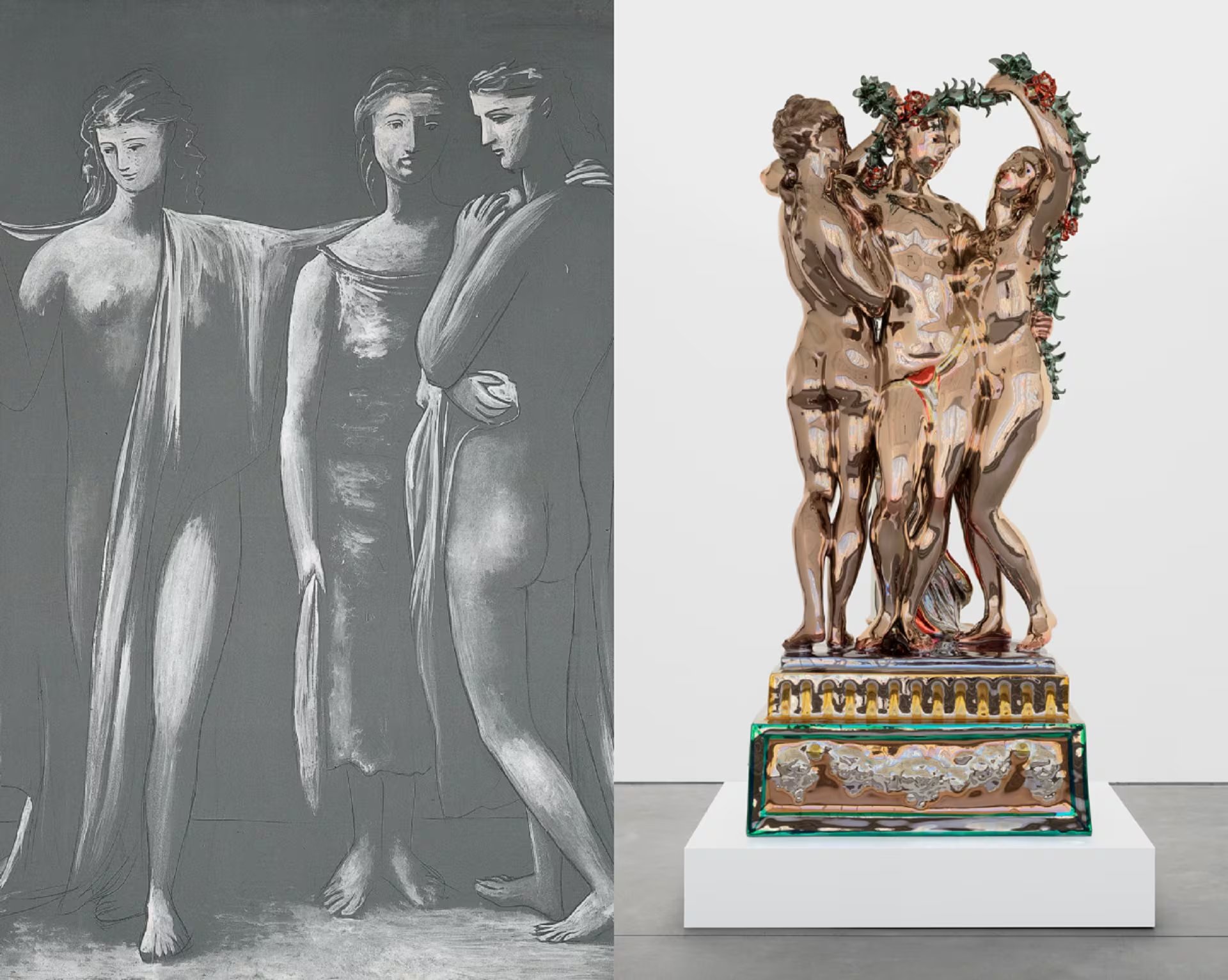 “Las tres Gracias” (1923) de Picasso y “Tres Gracias” (2016-2022) de Koons (Crédito: Museo Picasso Málaga)