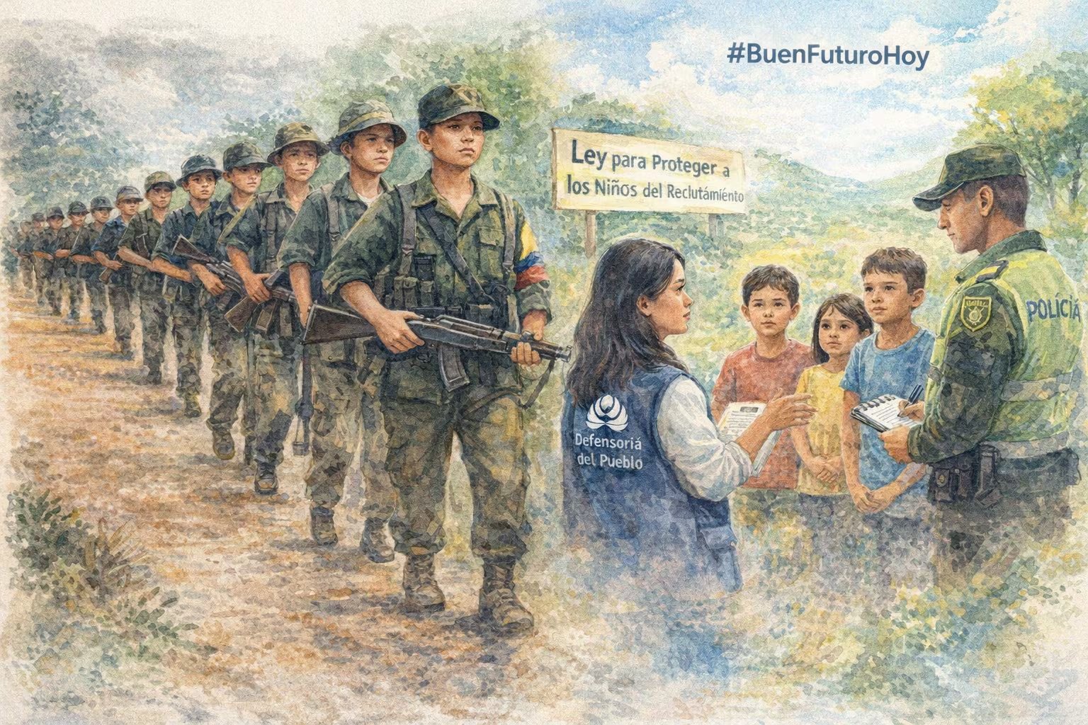 Una ilustración acuarelada compara el reclutamiento forzado de niños con las iniciativas de protección legal y apoyo institucional en Colombia - crédito (Imagen Ilustrativa Infobae)