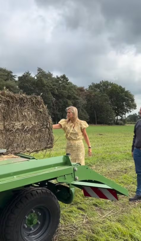 Durante la visita oficial, Máxima intervino en una actividad de cosecha de cáñamo para fibra, una materia prima utilizada en sistemas de aislamiento. (Captura de video)