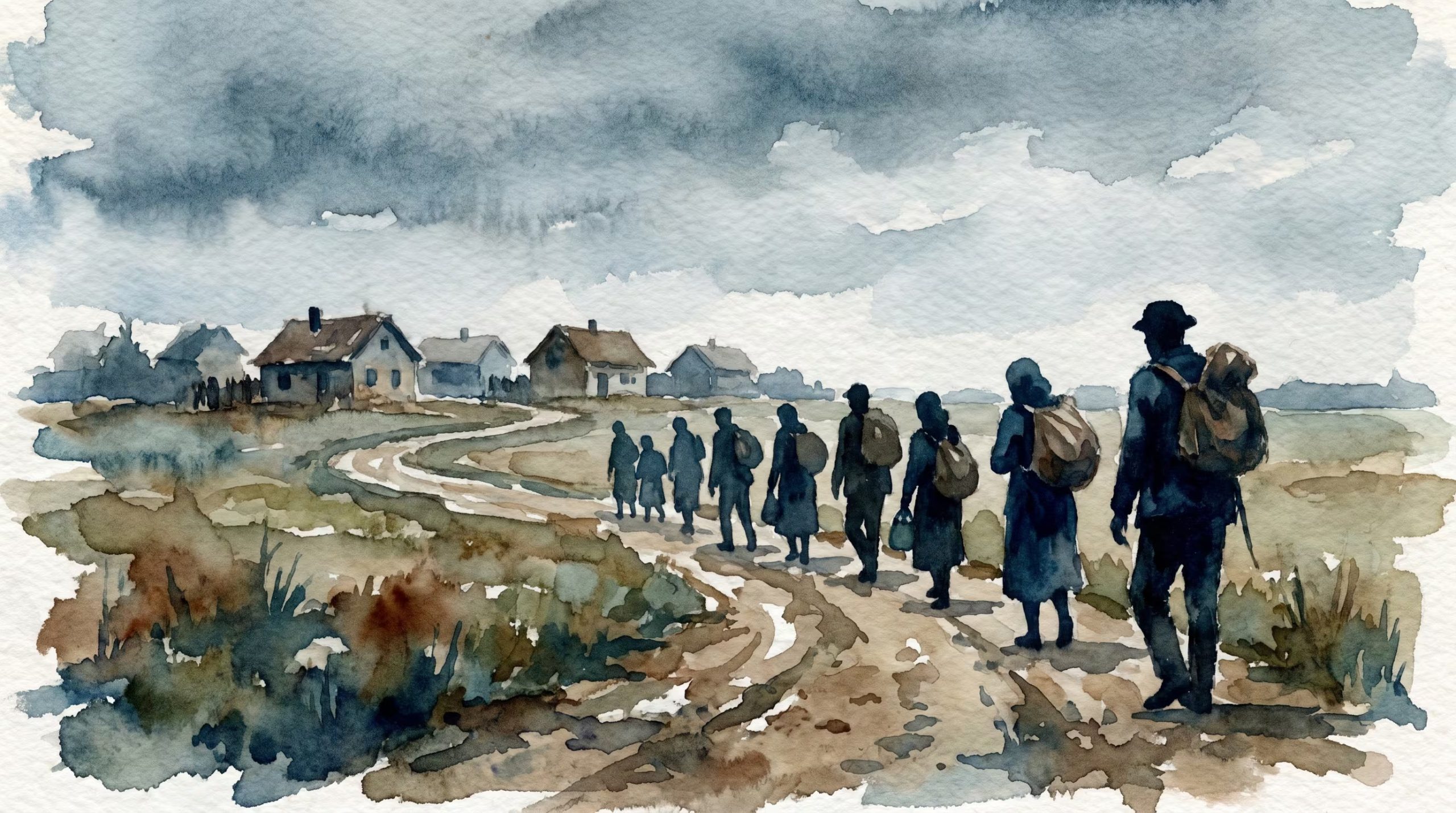La imagen, creada con efecto acuarela, muestra un grupo de personas caminando por un sendero de tierra mientras se alejan de un conjunto de casas, representando el concepto de desplazamiento forzado. (Imagen Ilustrativa Infobae)