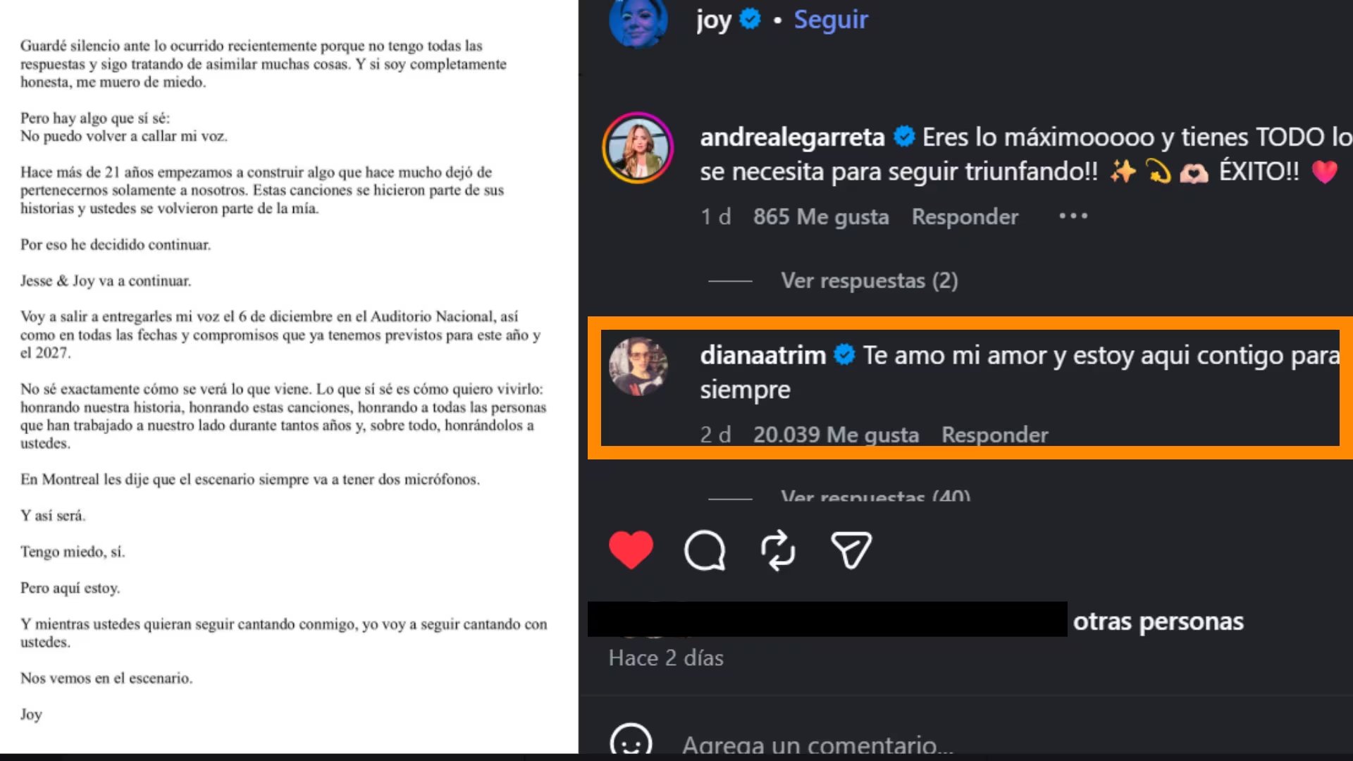 La esposa de Joy Huerta envió un emotivo mensaje de respaldo a la cantante.
(Instagram)