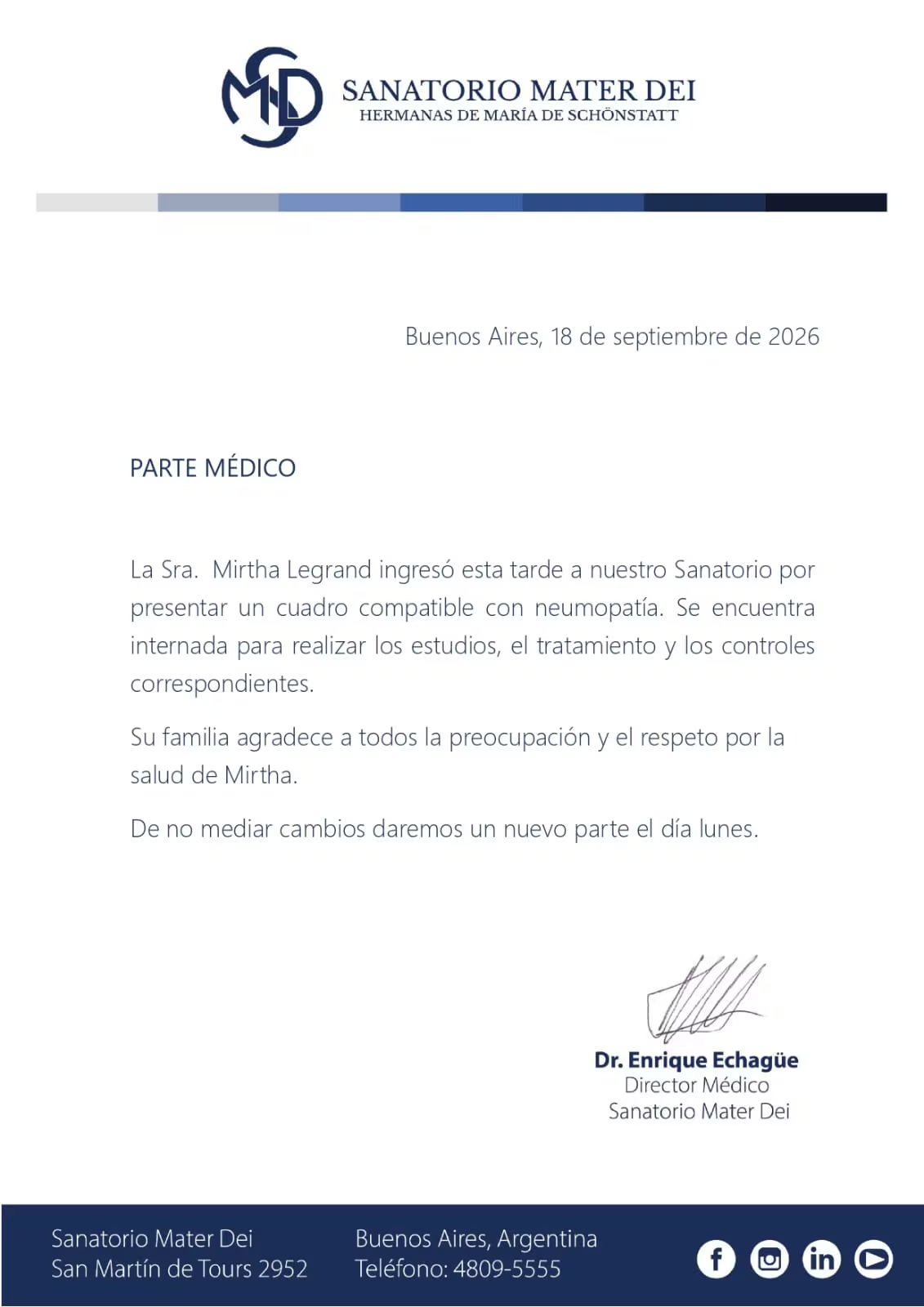 Las autoridades del Sanatorio dieron a conocer el primer diagónstico de la conductora