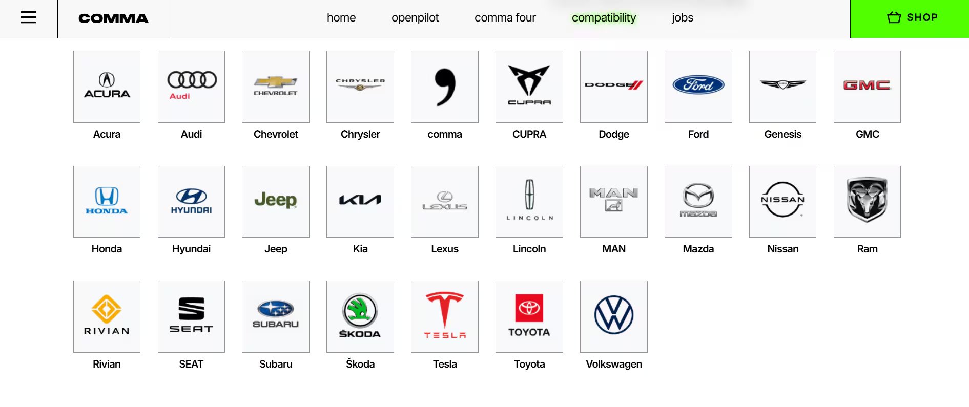 El sitio web de Comma señala que su dispositivo es compatible con varios fabricantes. (Comma.ai)