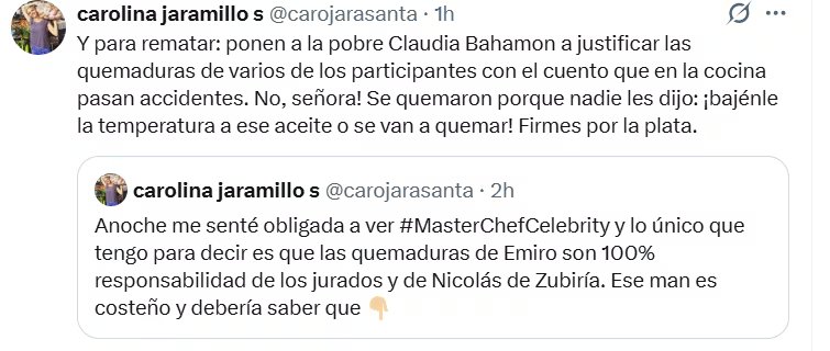 La docente cuestionó el mensaje de Claudia Bahamón tras las quemaduras de los concursantes - crédito @carojarasanta/ X