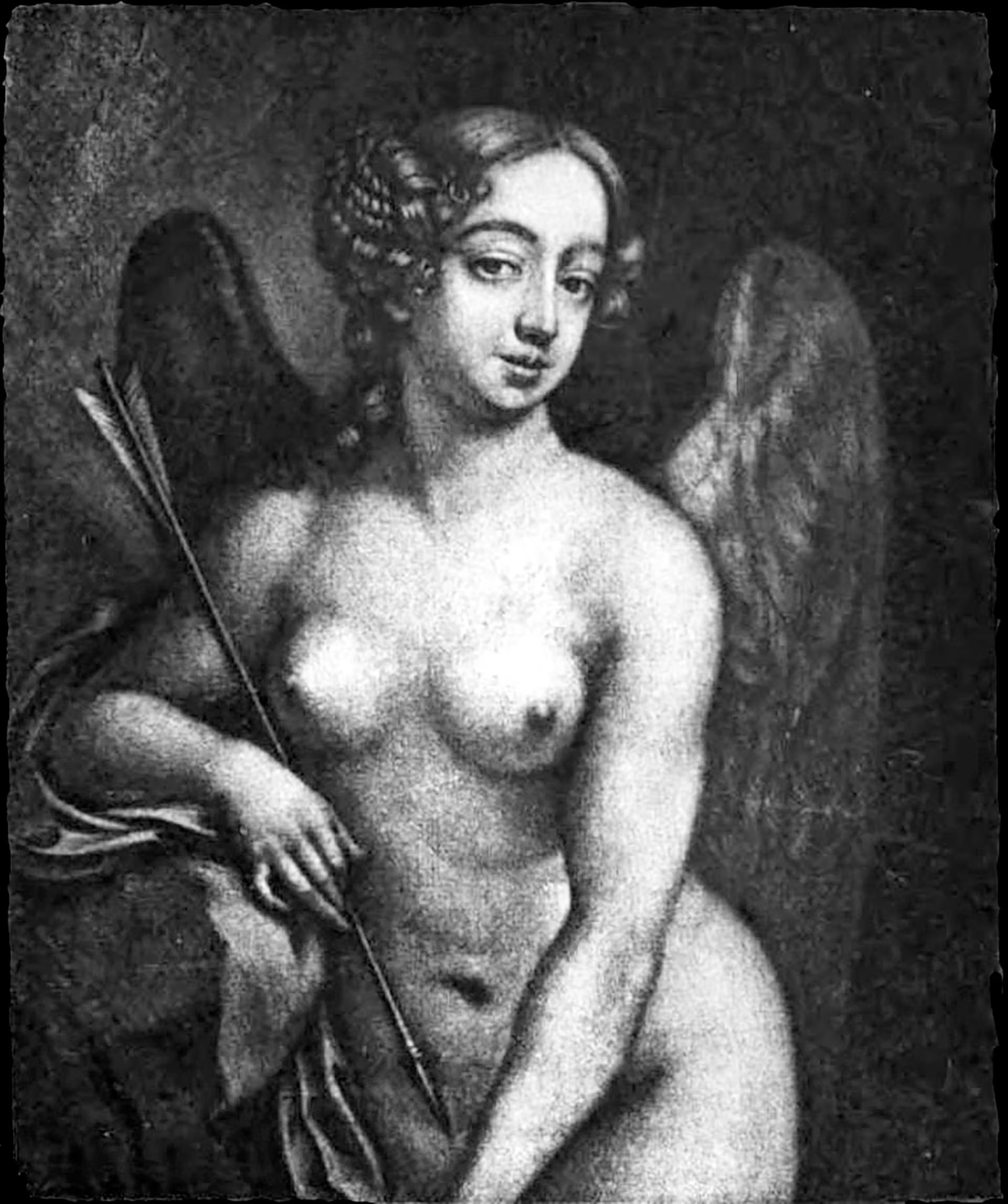Un grabado representa a la actriz inglesa Nell Gwyn caracterizada como la figura alada de Cupido con una flecha en la mano.