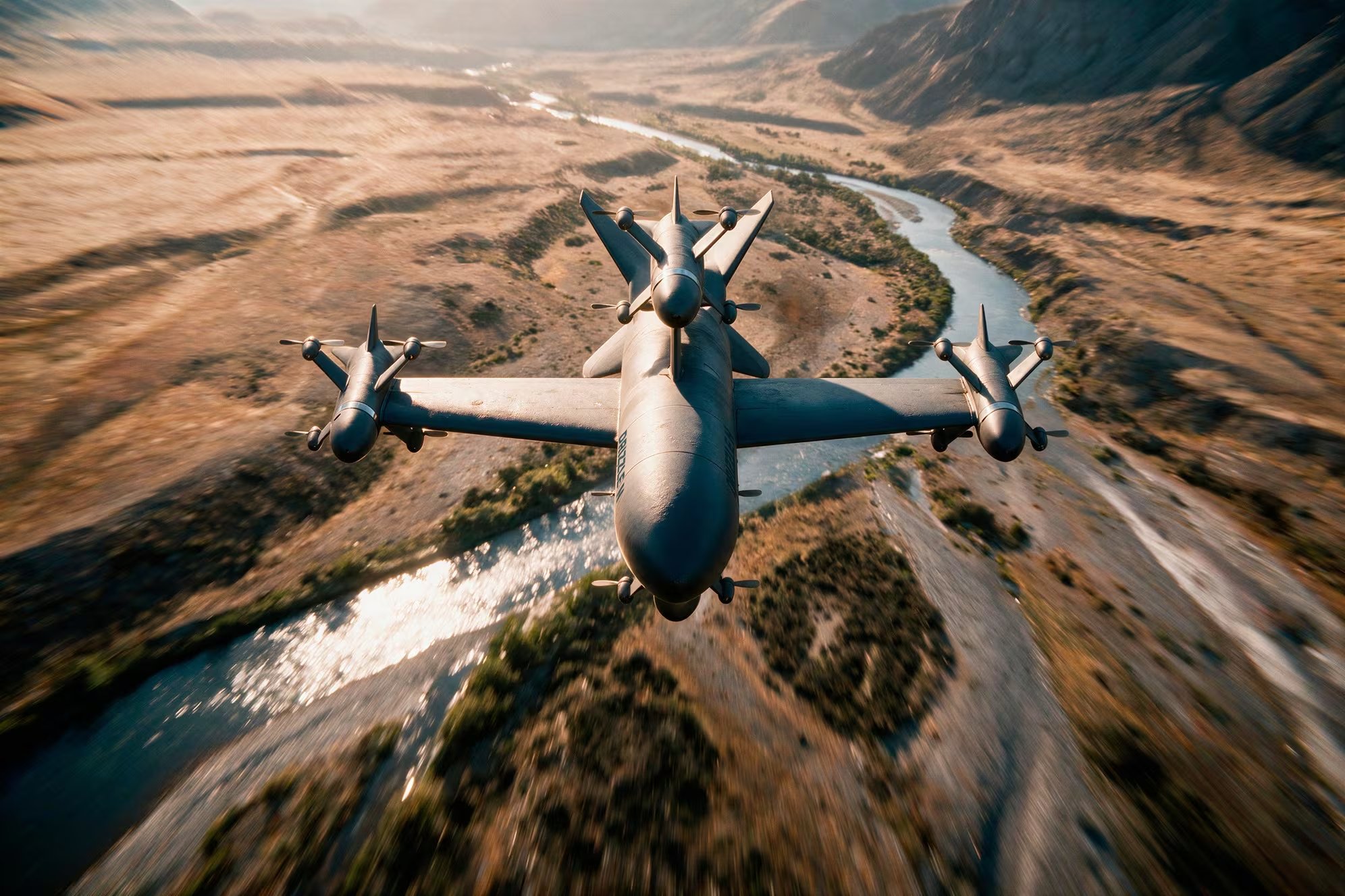El dron interceptor de origen español Drizzle sobrevuela un cañón fluvial equipado con sensores e impulsores de alta velocidad. (Indra)