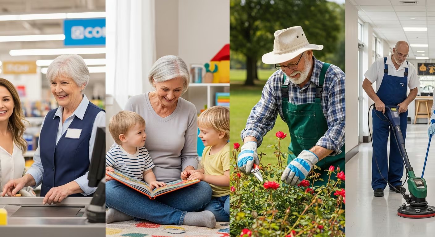 Adultos mayores en diversos roles laborales: atención al cliente, cuidado infantil, jardinería y limpieza (Imagen Ilustrativa Infobae)