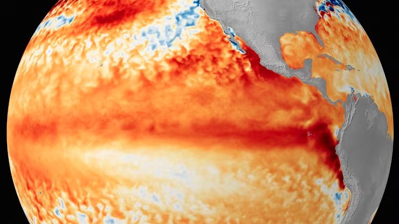 Un mapa térmico de la National Oceanic and Atmospheric Administration registra el calentamiento del océano Pacífico durante el fenómeno de El Niño (NOAA)