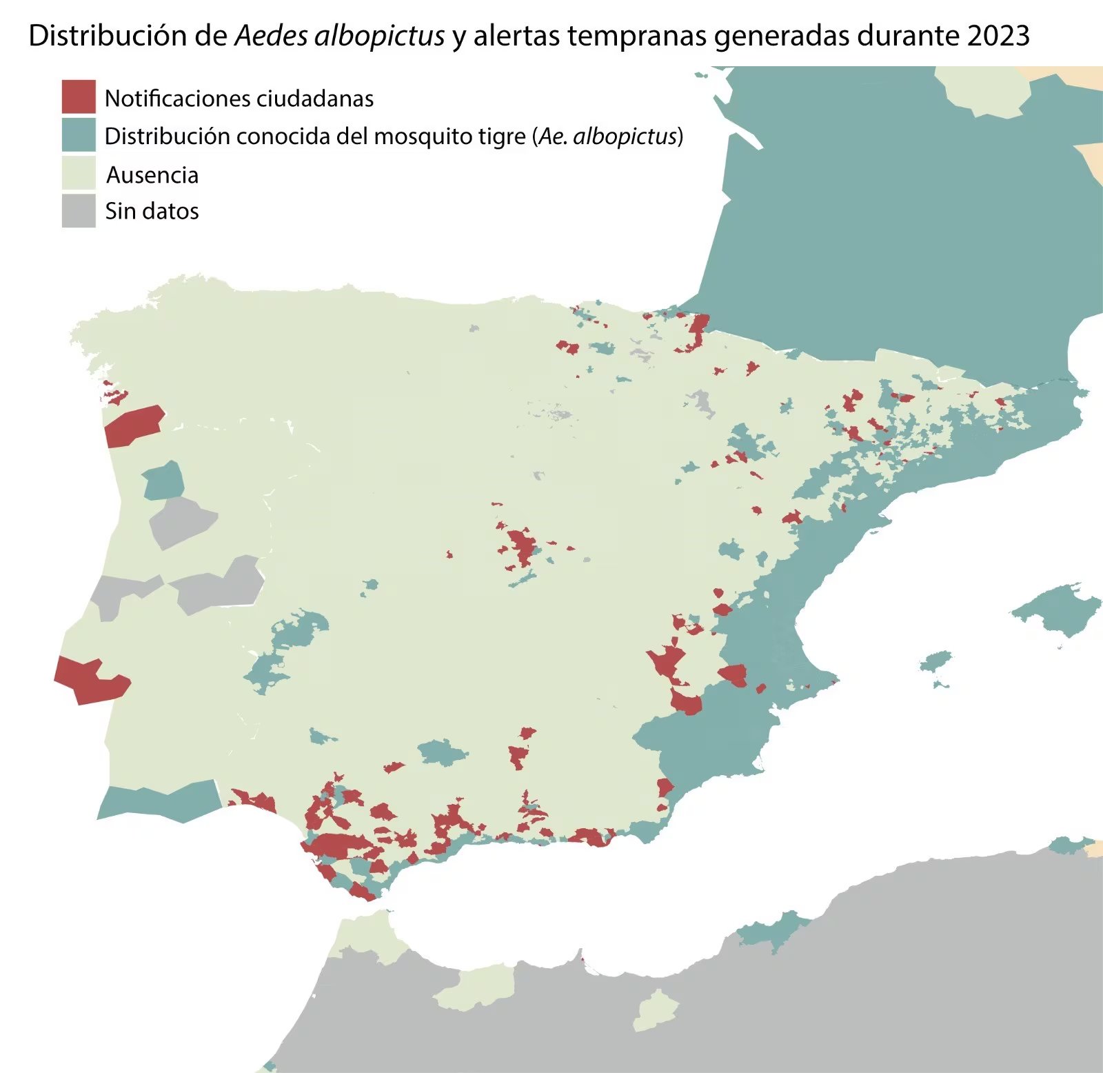 Mapa de la distribución del mosquito tigre y alertas tempranas en 2023 (Ministerio de Sanidad)