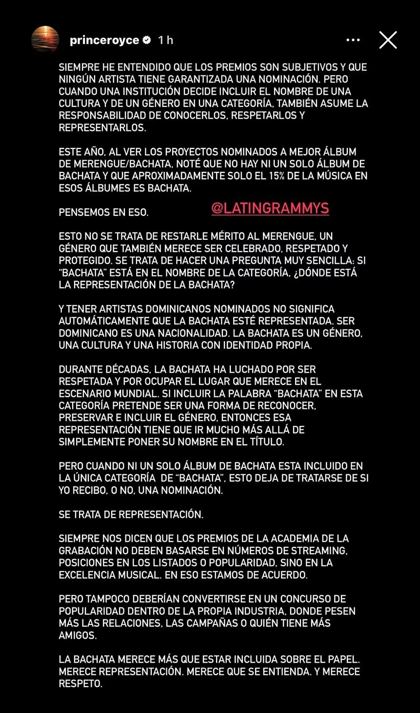 Prince Royce cuestionó la exclusión del álbum 'Better Late Than Never' en las nominaciones de los Latin Grammy 2026 - crédito @princeroyce/Instagram