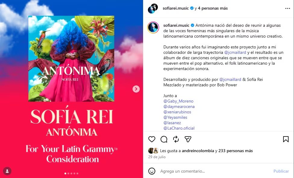 'Antónima', placa colaborativa de Sofia Rei con figuras como Dayme Arocena y Las Áñez, se postuló a las nominaciones para los Latin Grammy 2026 - crédito @sofiarei.music/Instagram