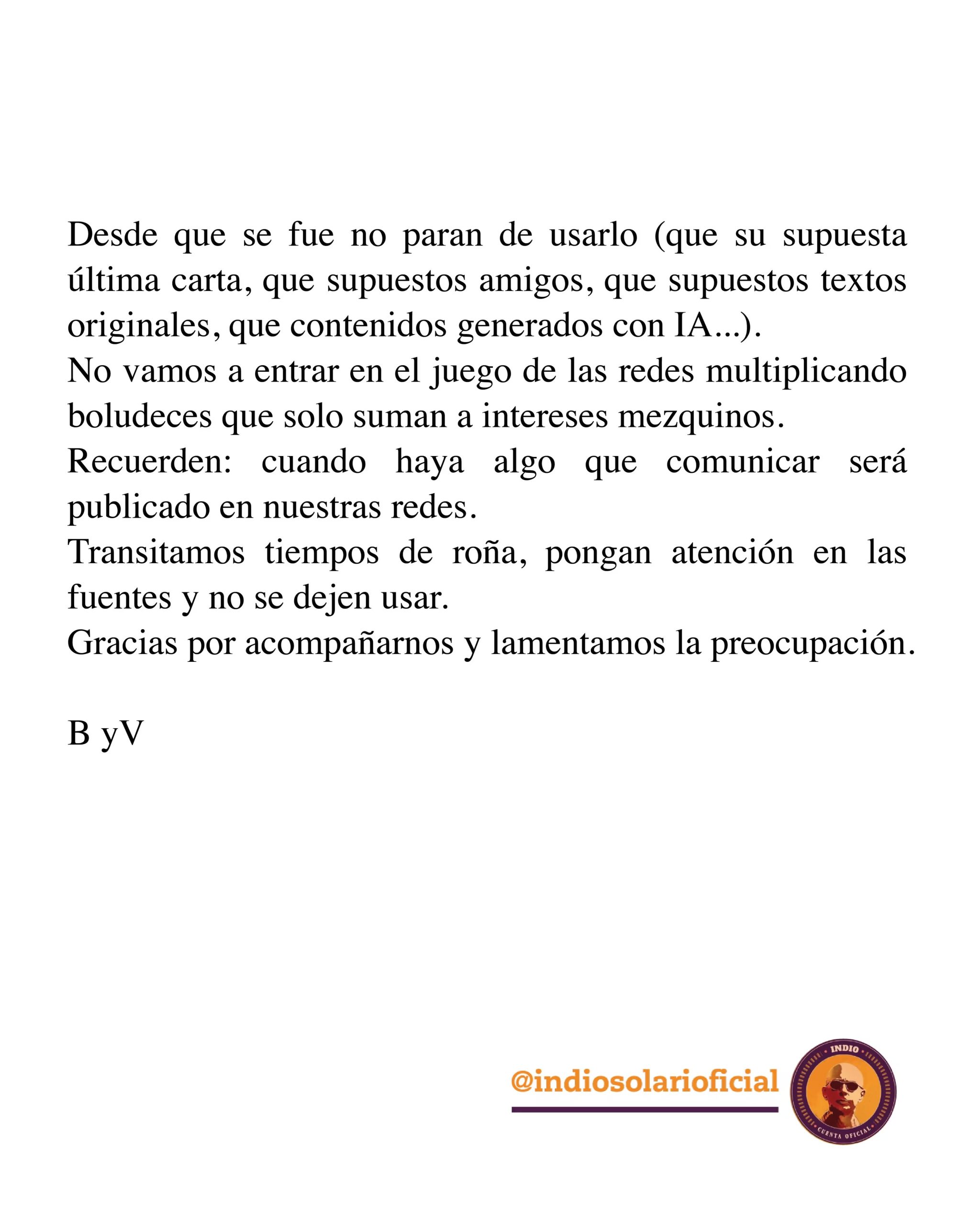 El comunicado difundido en la cuenta oficial del músico y firmado con las iniciales de Bruno y Virginia