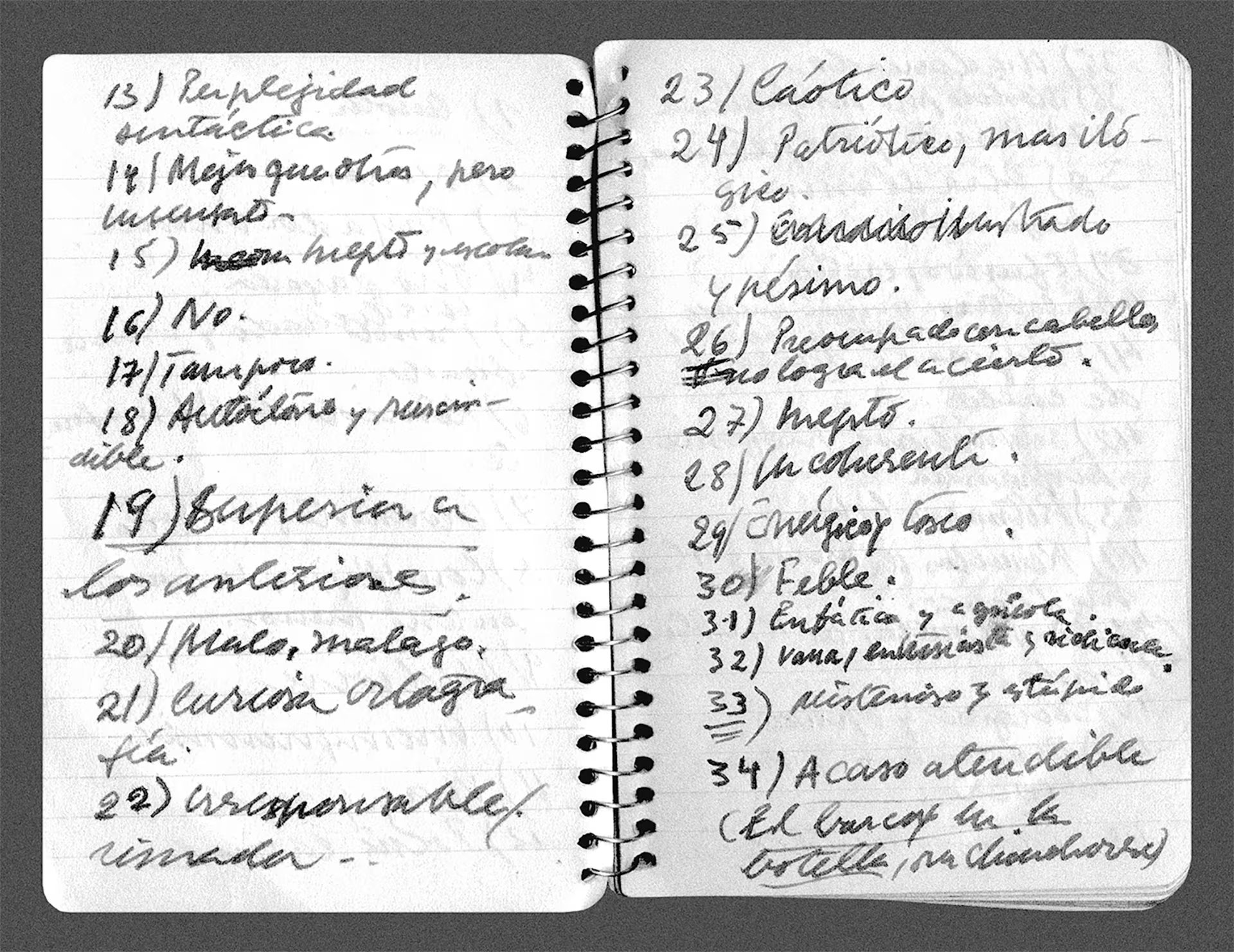 Dos páginas de la libreta de anotaciones en que Borges y ABC escribían los juicios que les merecían los poemas que iban leyendo para el Concurso La Nación de 1963: «13) Perplejidad sintáctica. 14) Mejor que otros, pero insensato. 15) Inepto y escolar. 16) No. 17) Tampoco. 18) Autóctono y prescindible. 19) Superior a los anteriores. 20) Malo, malazo. 21) Curiosa ortografía. 22) Irresponsable rimador. 23) Caótico. 24) Patriótico, mas ilógico. 25) Ilustrado y pésimo. 26) Preocupado con cabello, no logra el acierto. 27) Inepto. 28) Incoherente. 29) Enérgico y tosco. 30) Feble. 31) Enfático y agrícola. 32) Vana, entusiasta y ridícula. 33) Misterioso y estúpido. 34) Acaso atendible (El barco en la botella, por Chinchorro)».