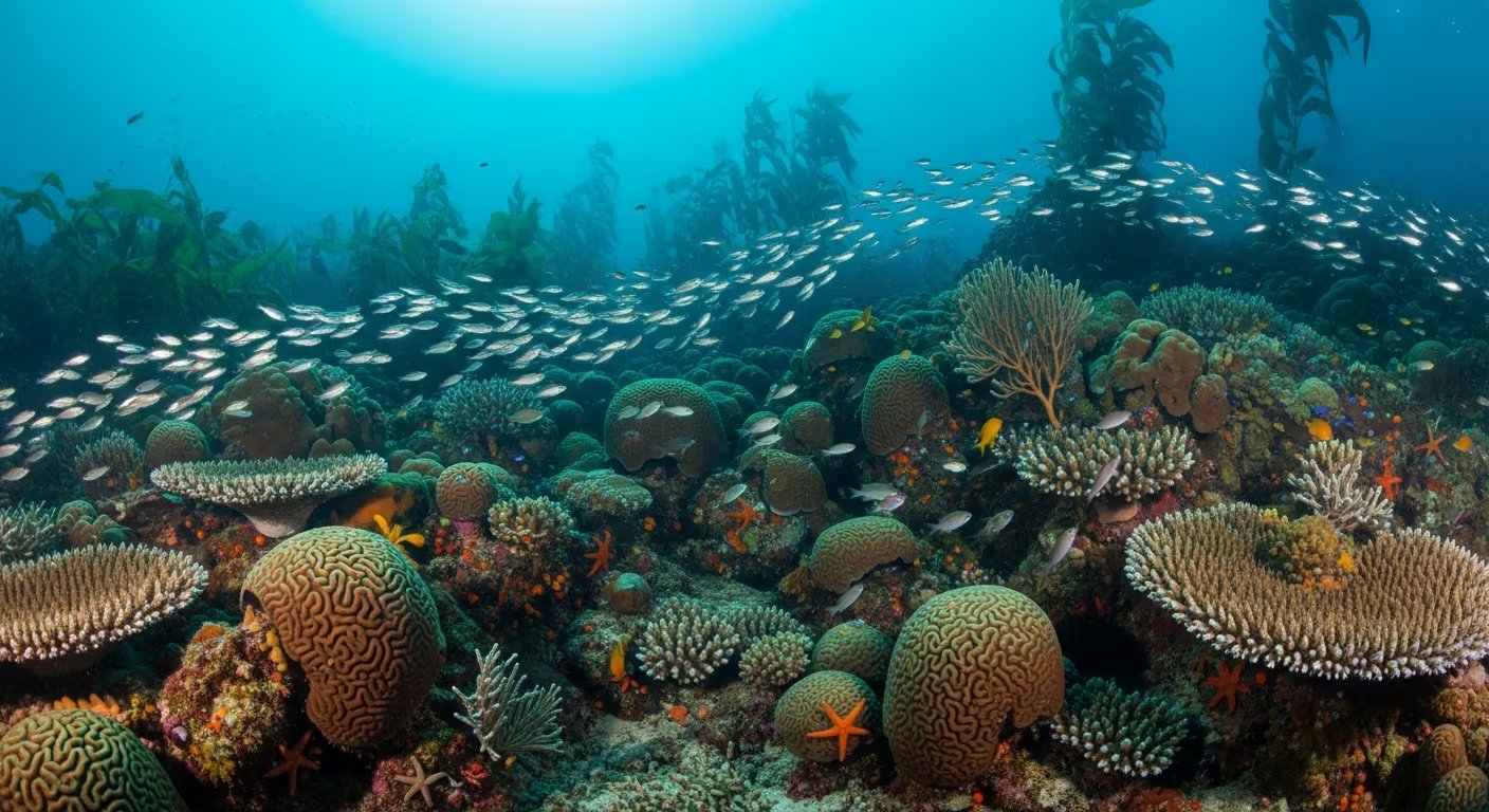 Un extenso arrecife de coral bajo aguas cristalinas alberga una increíble variedad de vida marina, incluyendo bancos de peces, coloridos corales cerebrales y de mesa, estrellas de mar y algas gigantes, retratando la impresionante biodiversidad de los ecosistemas submarinos. Esta imagen destaca la importancia de proteger estos hábitats fundamentales frente a las amenazas del cambio climático y la actividad humana. (Imagen Ilustrativa Infobae)