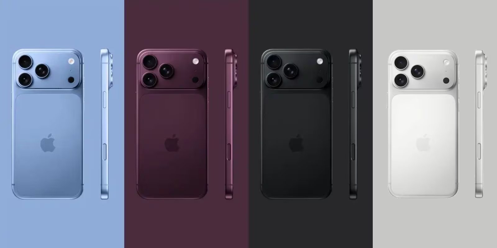 Cuatro versiones del teléfono inteligente iPhone 16 Pro de Apple presentan sus acabados en azul, morado, negro y blanco con vista posterior y lateral. (MacRumors)