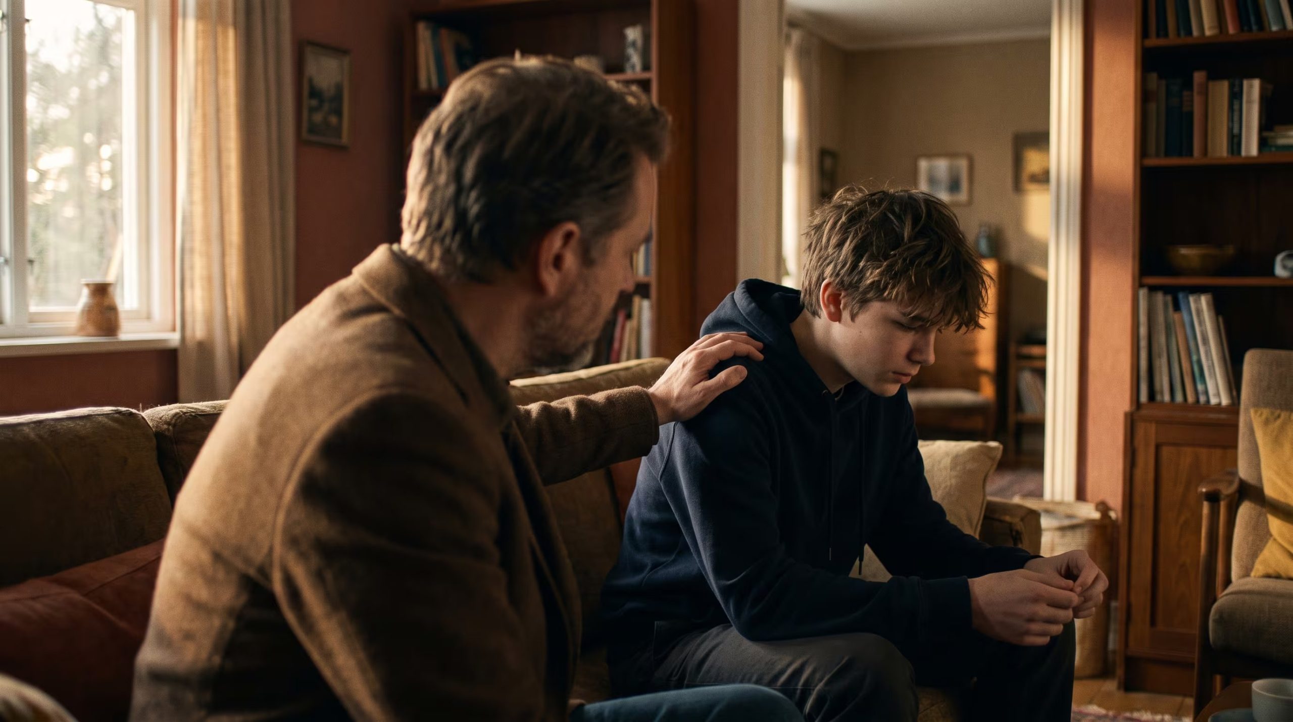 Un padre apoya a su hijo adolescente durante una conversación sobre vulnerabilidad y recuperación de adicciones en el salón de su vivienda. (Imagen Ilustrativa Infobae)