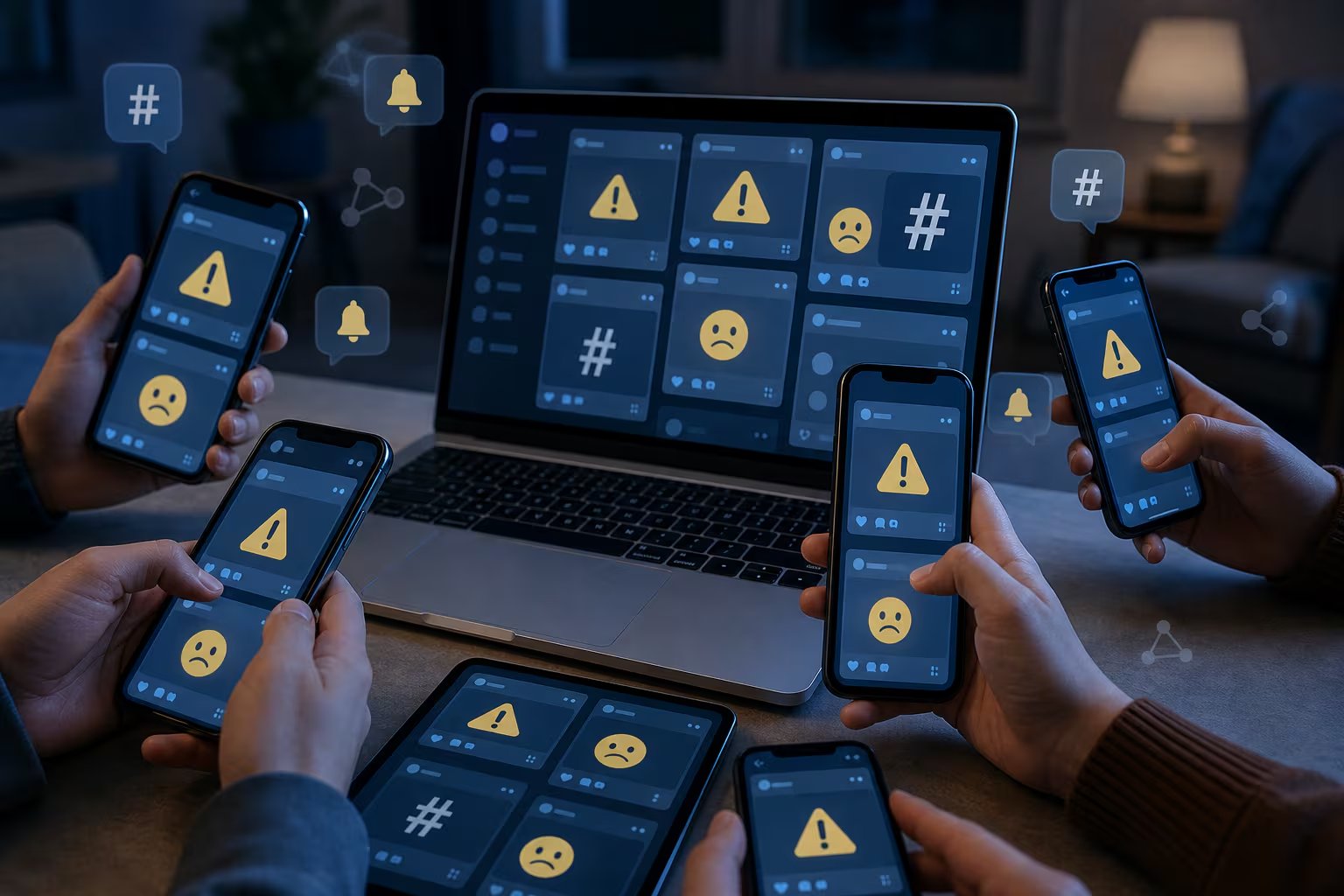 Varias personas utilizan teléfonos móviles y una computadora que muestran notificaciones de alerta y símbolos de etiquetas en redes sociales. (Imagen Ilustrativa Infobae)