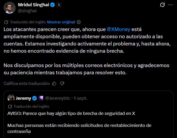 X se encuentra al tanto de los ataques contra usuarios de X Money. (X)
