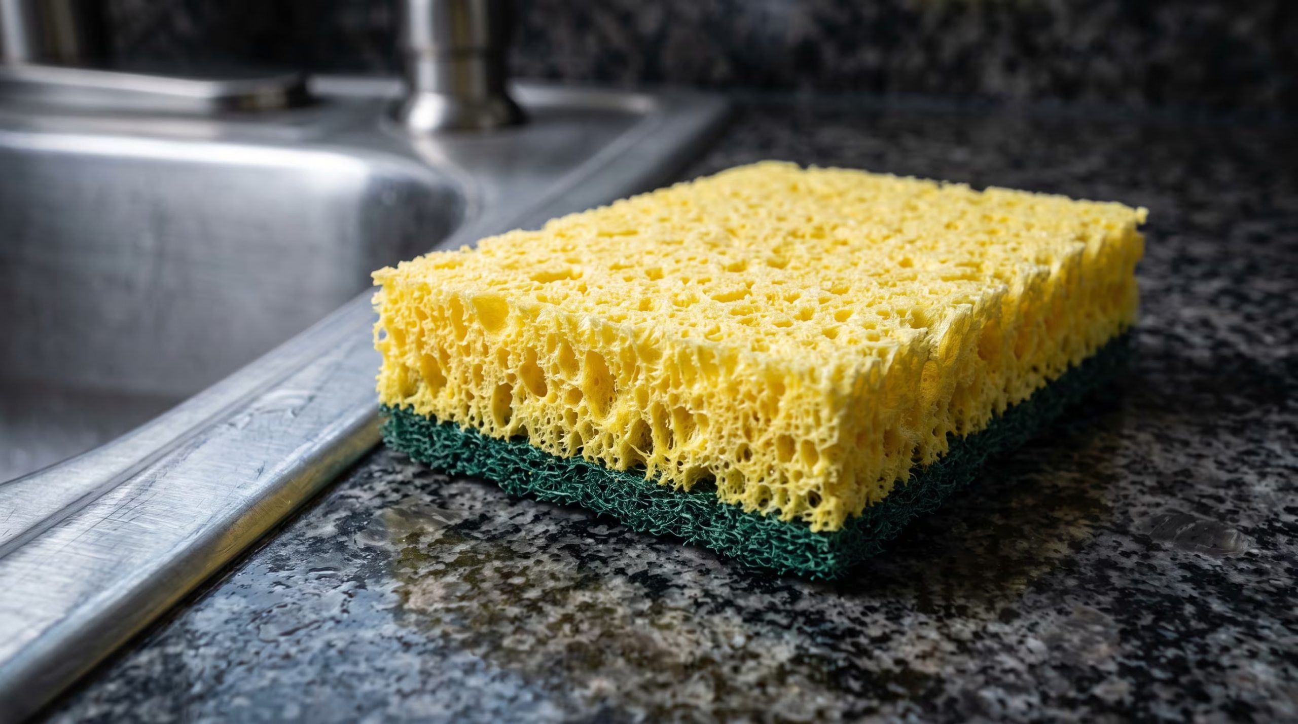 Una esponja de cocina amarilla y verde reposa seca sobre una encimera de granito junto a un fregadero de acero inoxidable. (Imagen Ilustrativa Infobae)