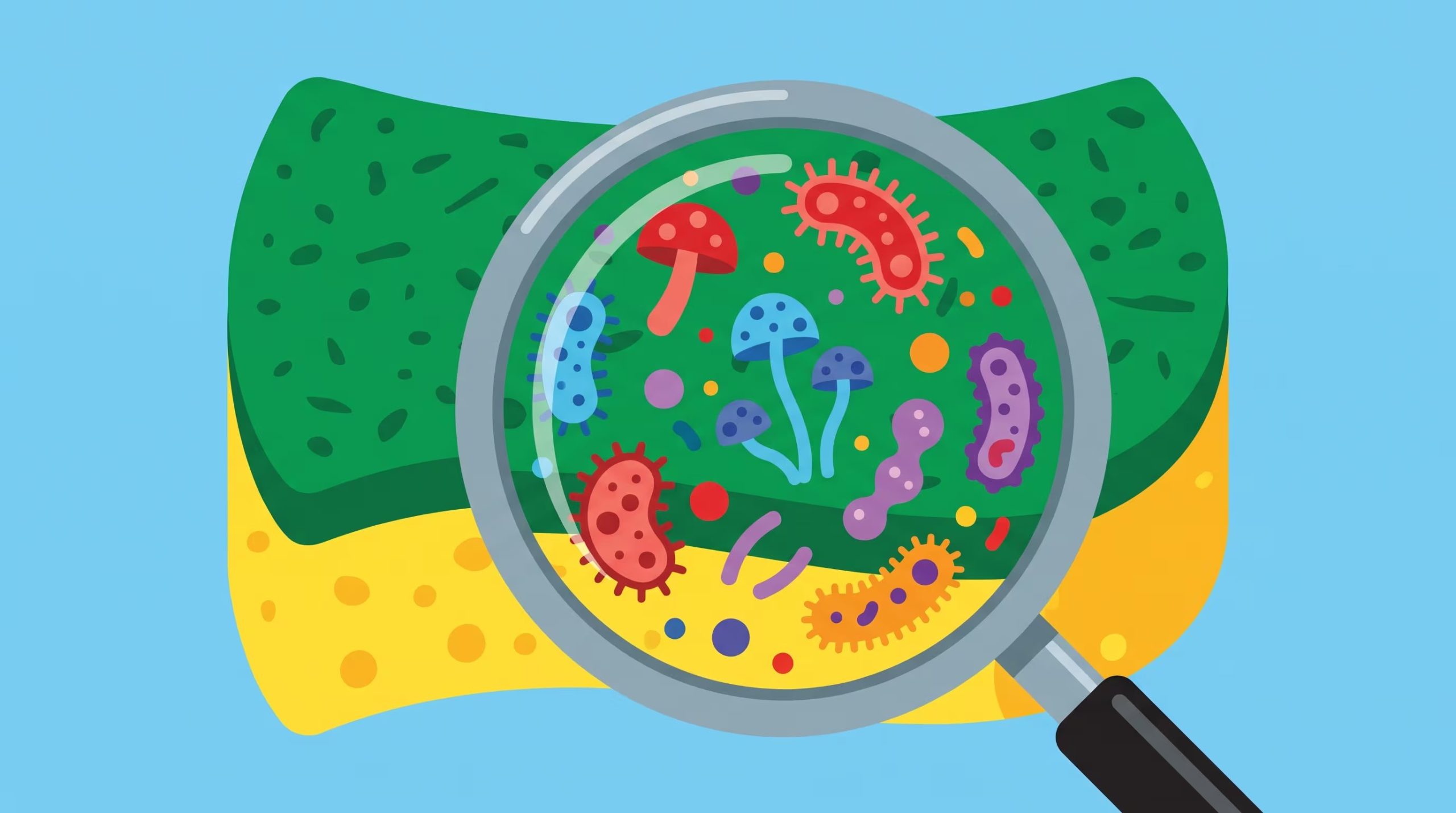 Una esponja de cocina verde y amarilla muestra bacterias y hongos diversos vistos a través de una lupa, ilustrando la presencia de microorganismos en utensilios domésticos. (Imagen Ilustrativa Infobae)