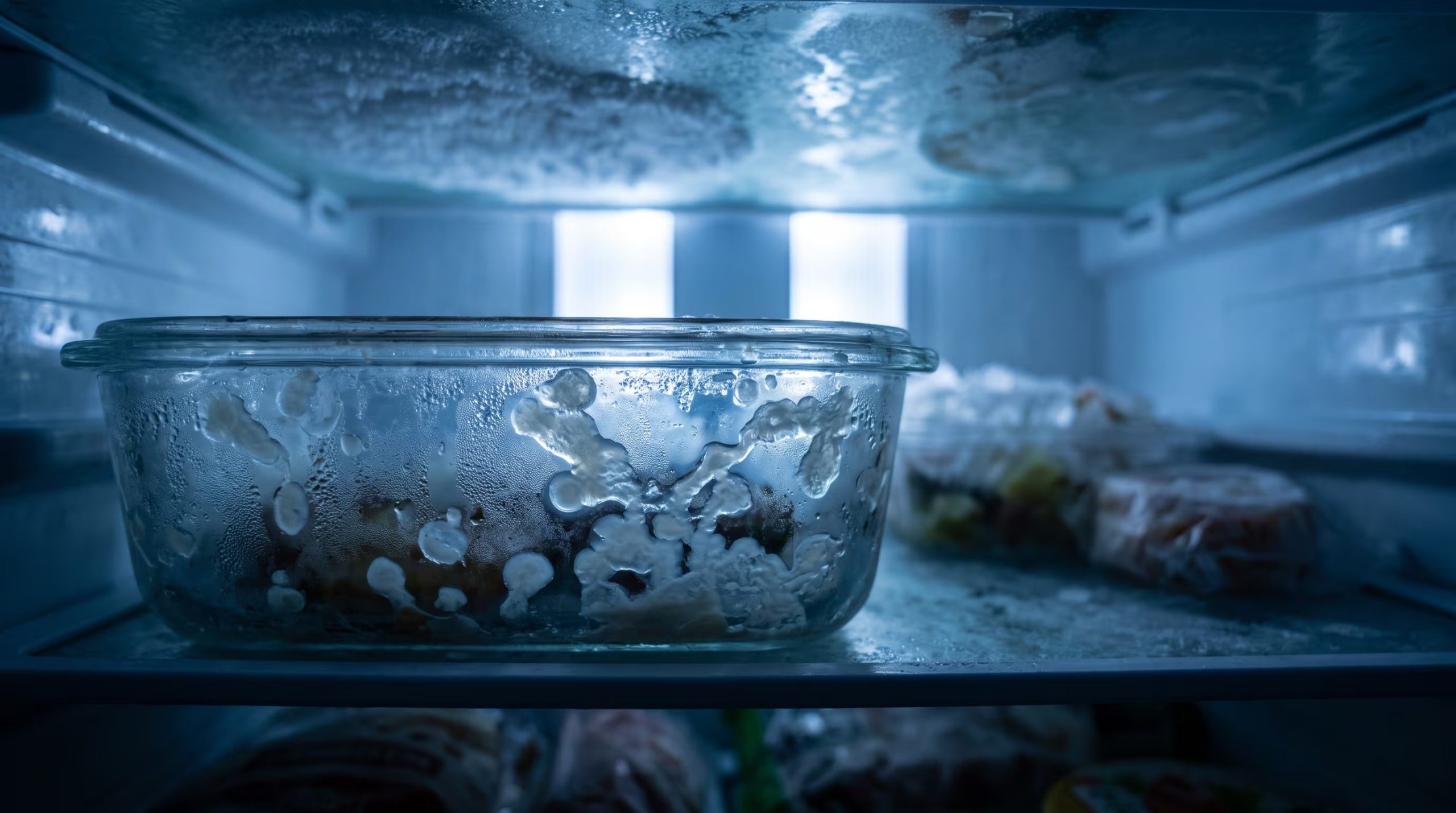 Un recipiente de vidrio con colonias bacterianas se encuentra en el interior de un refrigerador escarchado, bajo una iluminación azul fría. (Imagen Ilustrativa Infobae)