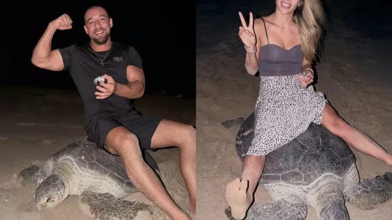Olena Kravchenko, pareja del influencer, también posa montada sobre el caparazón del animal.
 (Redes sociales/Vadym Oleynik)