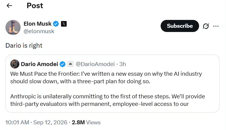 El director ejecutivo de Tesla sostuvo que Amodei tiene razón al pedir mayor cautela en el desarrollo de esta tecnología. (X: elonmusk)