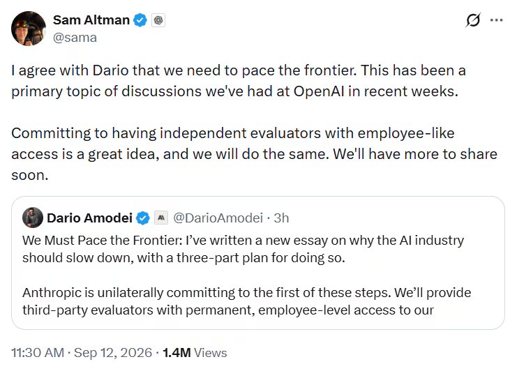 Altman afirmó que OpenAI comparte la necesidad de establecer un ritmo responsable para los sistemas de IA más avanzados. (X: sama)