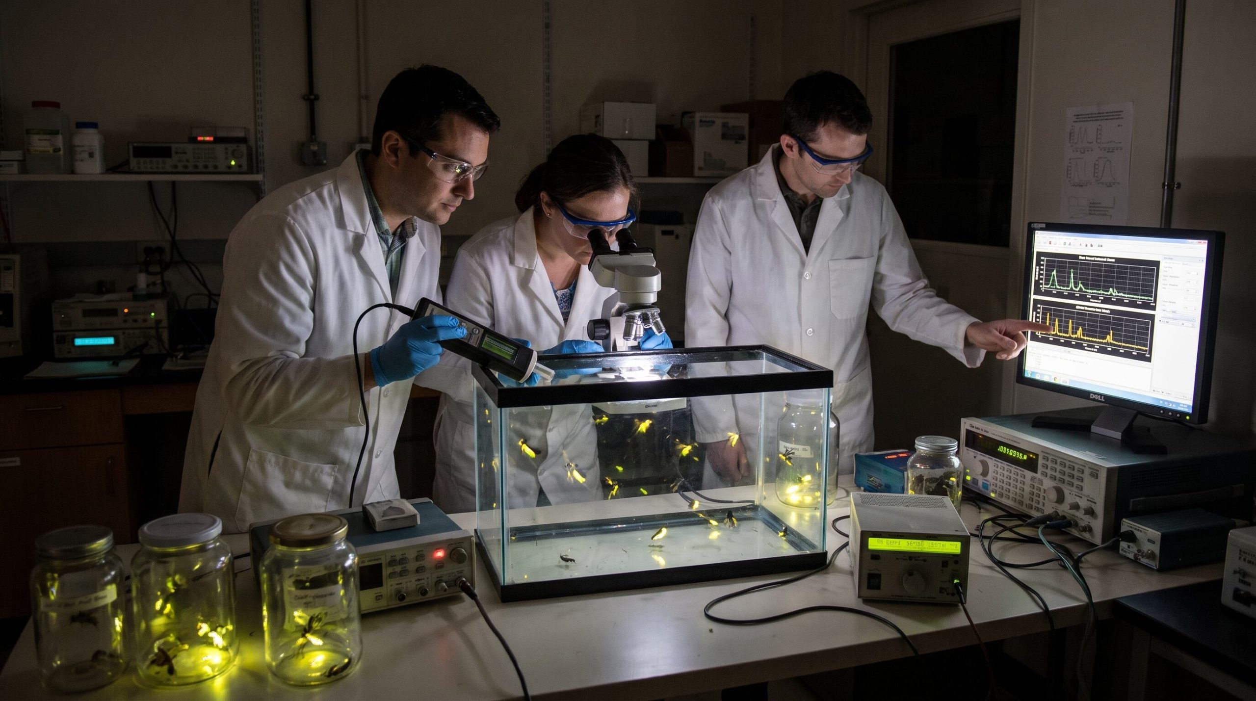 Científicos estudian la bioluminiscencia de luciérnagas en un laboratorio, analizando el brillo emitido por los insectos que se encuentran en un tanque y frascos de vidrio, mientras observan datos en un monitor. (Imagen Ilustrativa Infobae)