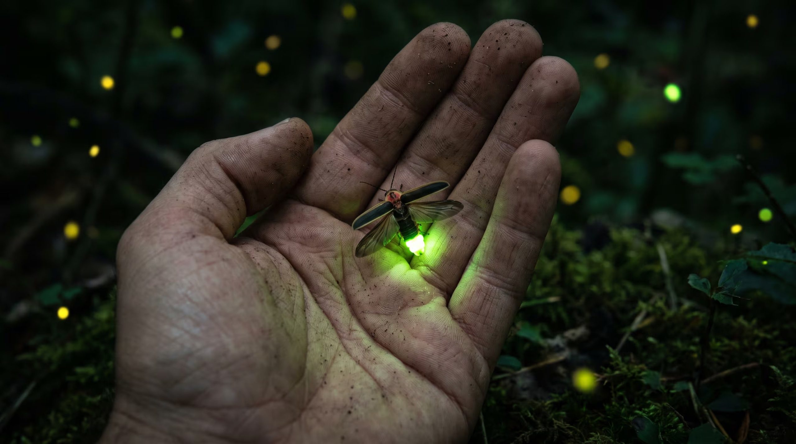 Una mano adulta sostiene una luciérnaga viva que ilumina con bioluminiscencia la oscuridad de un bosque nocturno. (Imagen Ilustrativa Infobae)