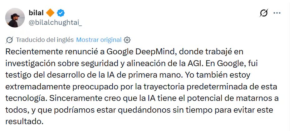 El exinvestigador de Google DeepMind advirtió que la inteligencia artificial podría representar una amenaza existencial para la humanidad.
(X/@bilalchughtai_)