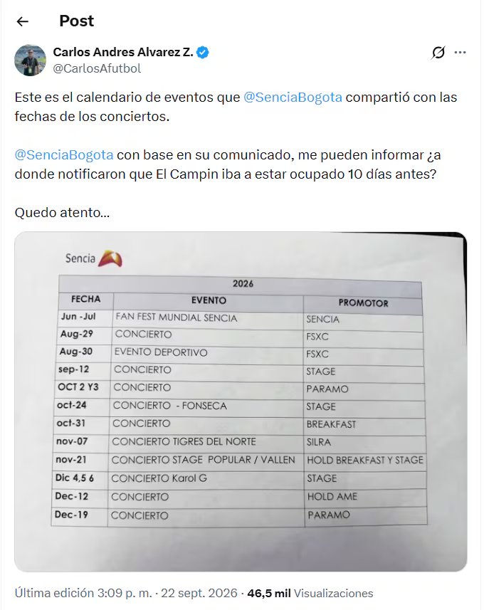 Post de Carlos Andrés Álvarez sobre el calendario entregado a los clubes con los conciertos en el segundo semestre del 2026 - crédito X