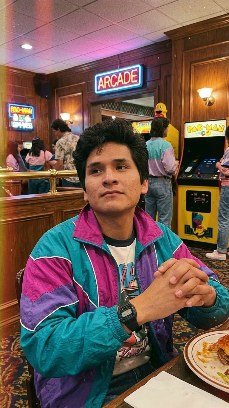 La imagen muestra a un joven en un café de la década del 80 con vestimenta vintage. 
(Rafael Montoro)