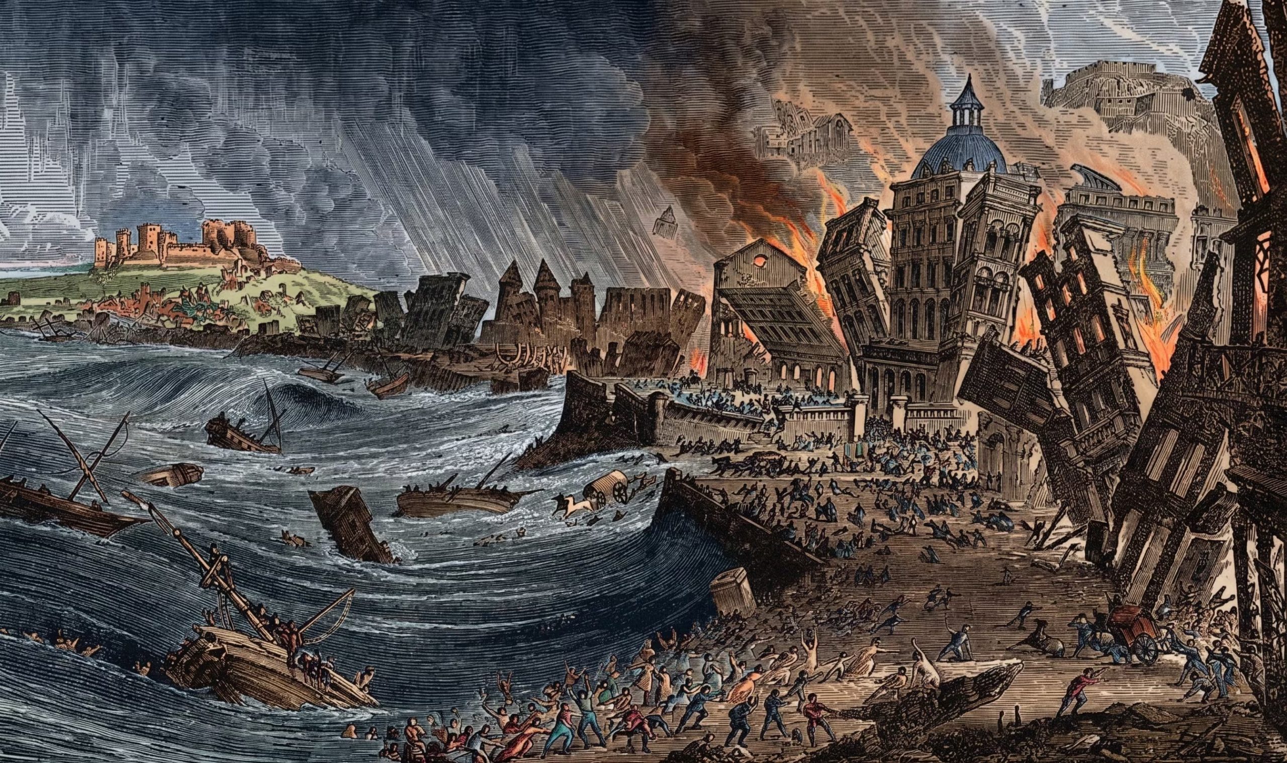 Grabado anónimo del terremoto de Lisboa de 1755. (Imagen coloreada por Infobae)