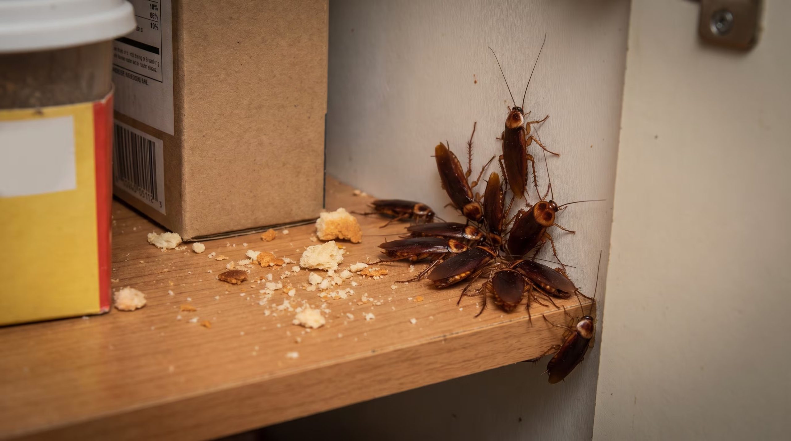 Varias cucarachas se agrupan en un estante de madera junto a migas de comida dentro de un hogar. (Imagen Ilustrativa Infobae)