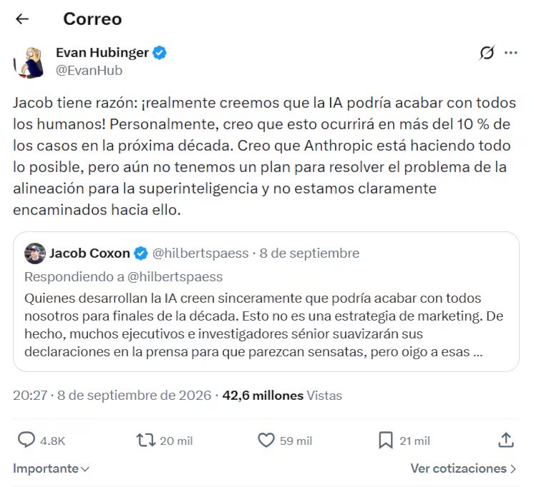 La renuncia de Jacob Coxon a Anthropic reavivó las advertencias sobre los riesgos de una inteligencia artificial cada vez más autónoma. (X: EvanHub)