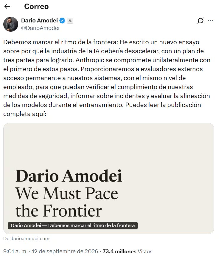 Dario Amodei sostuvo que el aumento de las capacidades de los modelos exige reducir el ritmo de su desarrollo. (X: DarioAmodei)