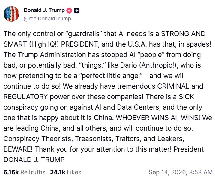 Trump señala que los únicos controles que necesita la IA es un presidente fuerte e inteligente. (Truth Social: realDonaldTrump)