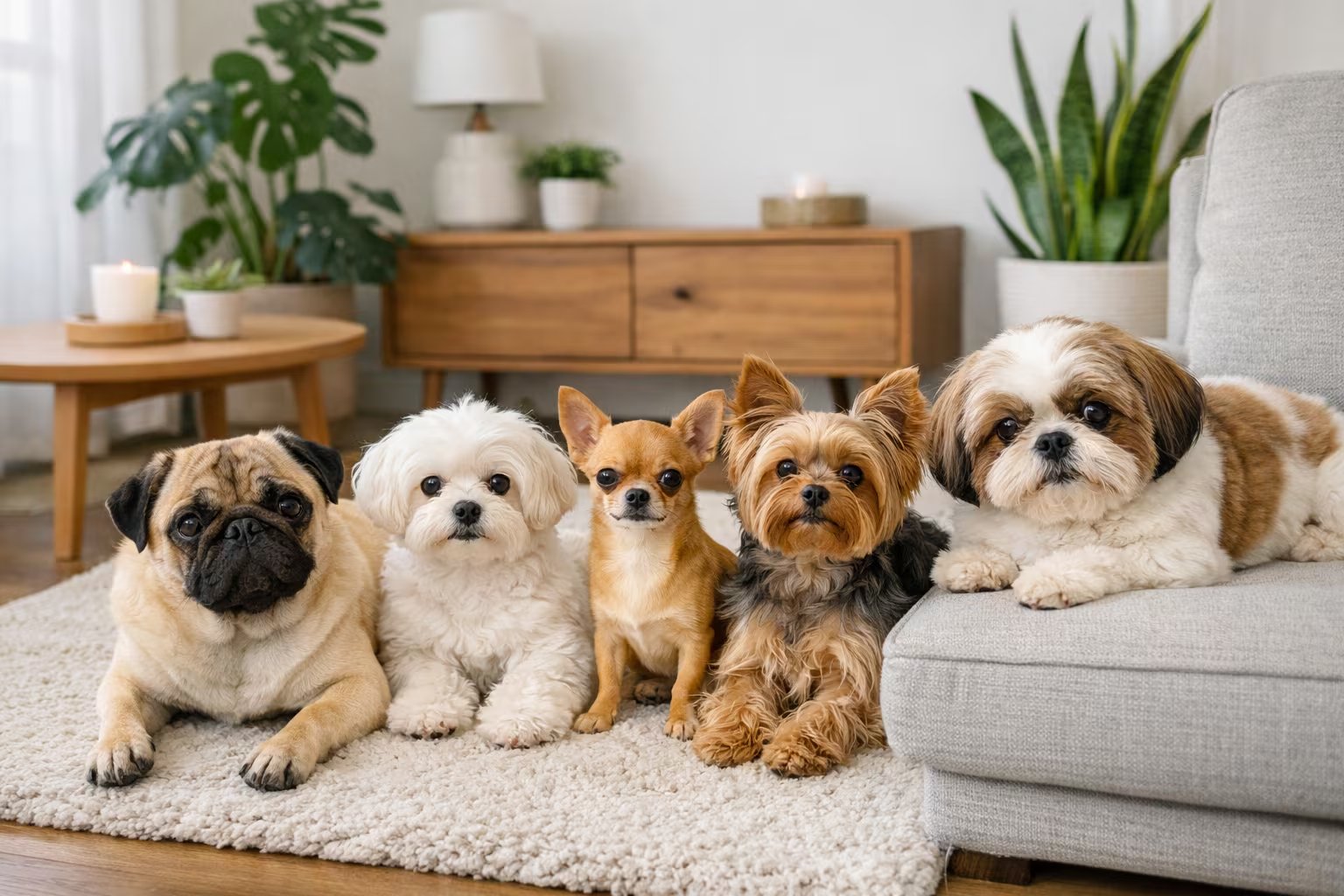 Un pug, un maltés, un chihuahua, un yorkshire terrier y un shih tzu posan relajadamente en la alfombra de un luminoso apartamento, mostrando la armoniosa convivencia de diversas razas pequeñas. (Imagen Ilustrativa Infobae)