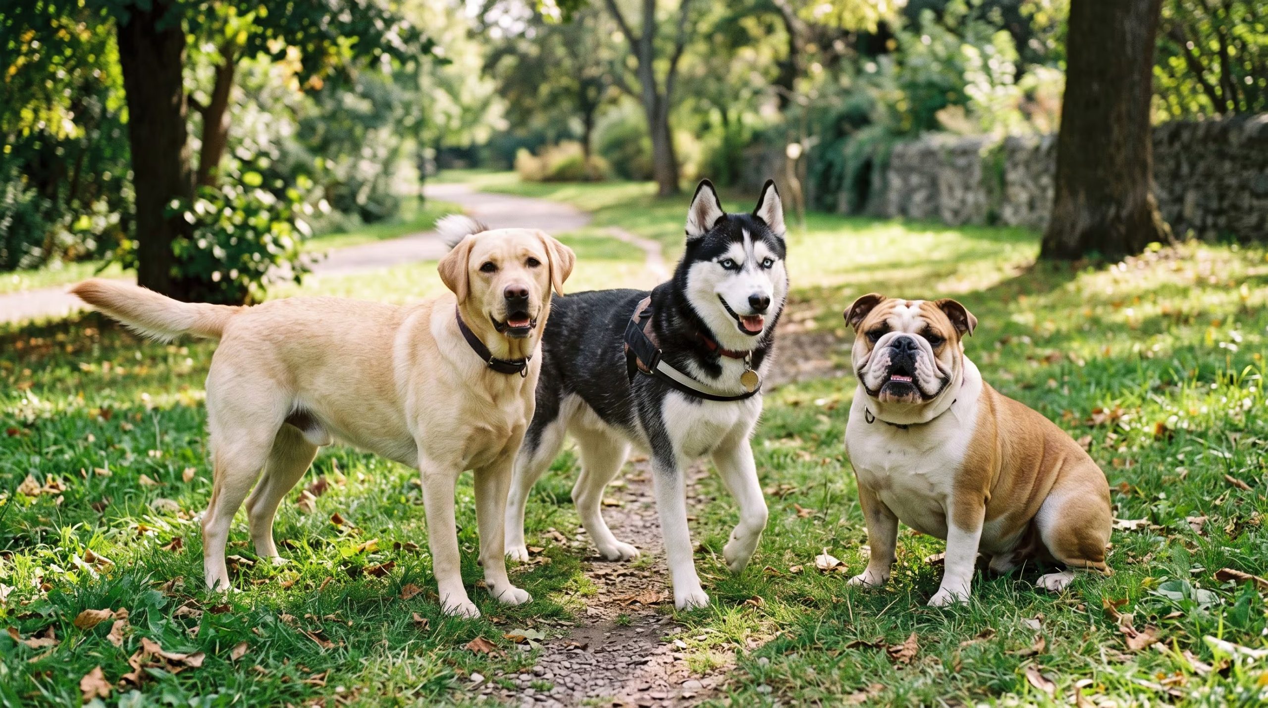 Un perro Labrador retriever, un Husky siberiano y un Bulldog inglés se encuentran en un sendero rodeado de árboles. (Imagen Ilustrativa Infobae)