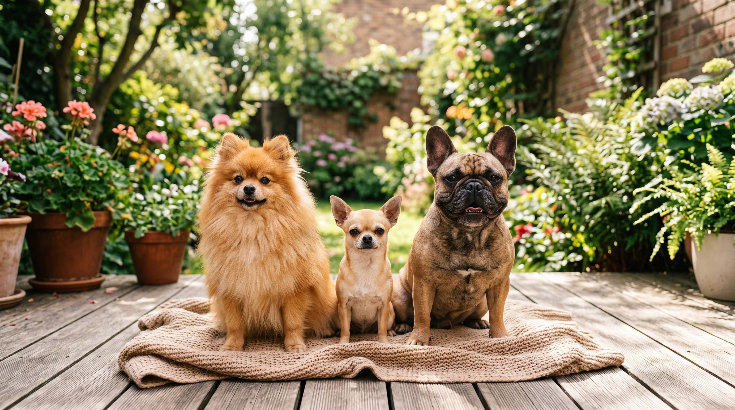 Un pomerania, un chihuahua y un bulldog francés reposan juntos sobre una manta tejida en una terraza de madera. (Imagen Ilustrativa Infobae)