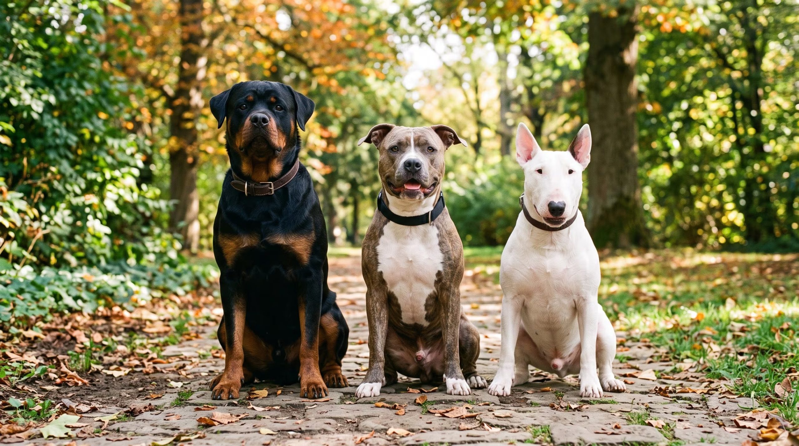 Un Rottweiler, un Pitbull y un Bull Terrier Inglés permanecen sentados en un camino de piedra rodeado de árboles durante la época de otoño. (Imagen Ilustrativa Infobae)