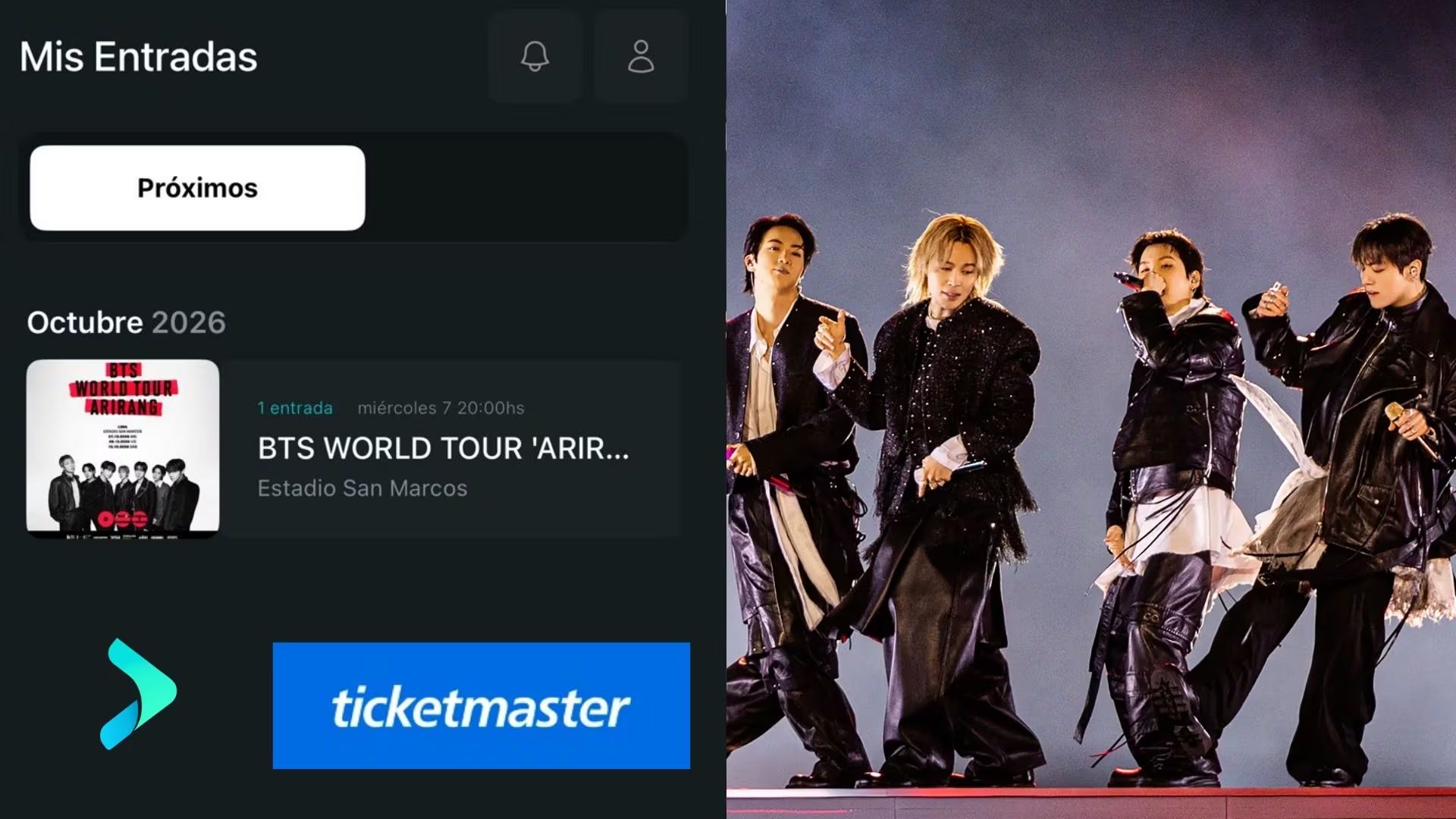 Un boleto digital para la gira Arirang World Tour de BTS en Lima aparece junto a integrantes de la agrupación sobre el escenario. (Infobae Perú)