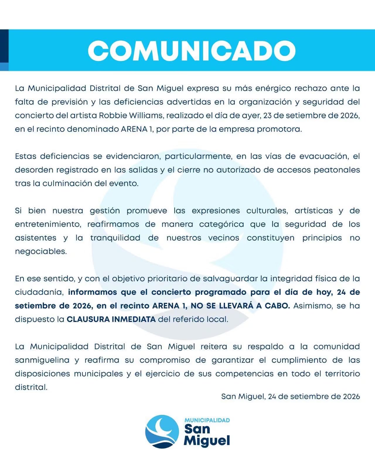 Municipalidad de San Miguel cancela concierto de Robbie Williams y ordena clausura inmediata de Arena 1