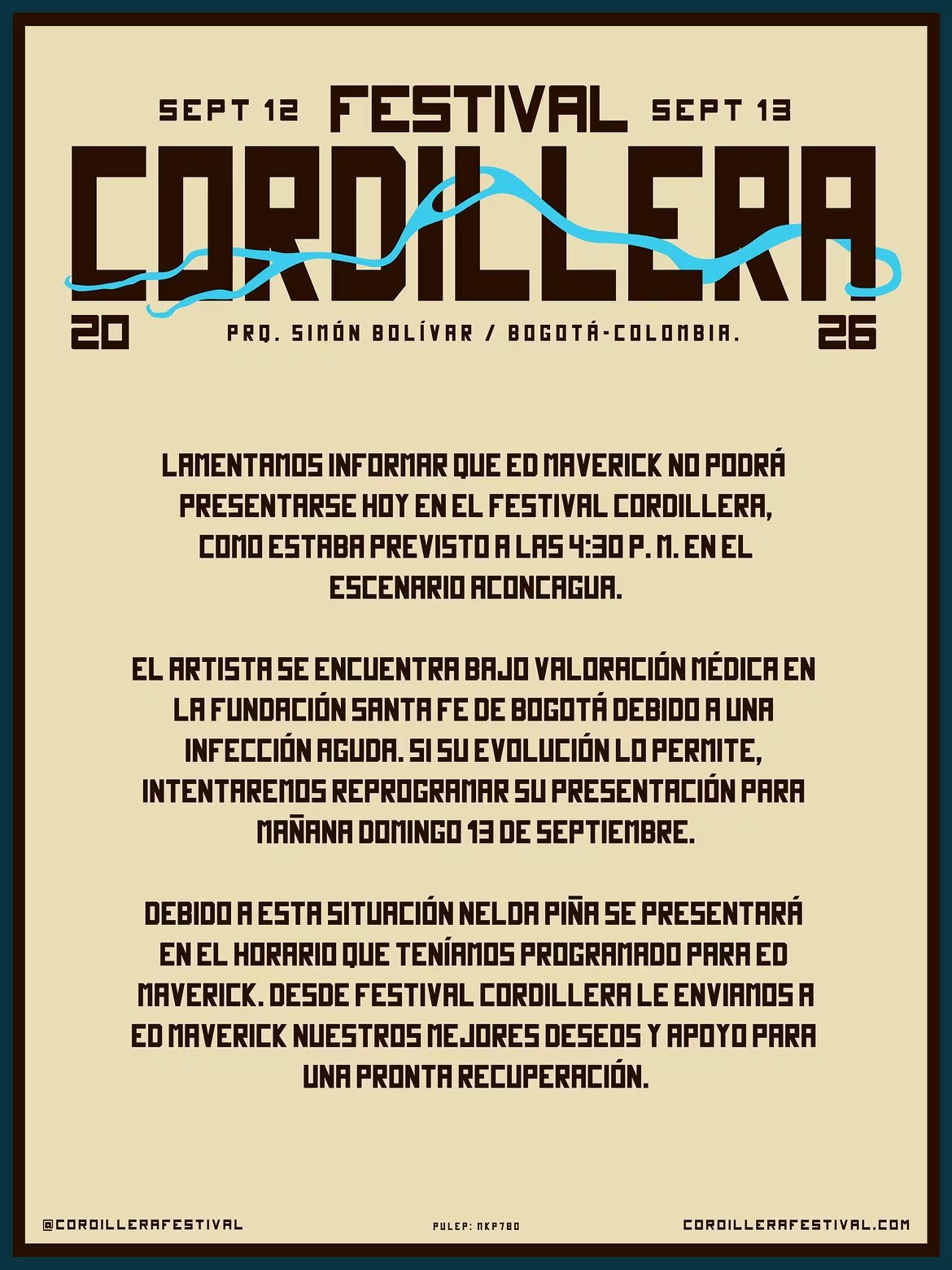 Los organizadores notificaron que el mexicano es atendido por una infección aguda, motivo por el que su lugar será asumido por Nelda Piña en la programación - crédito @cordillerafestival/Instagram
