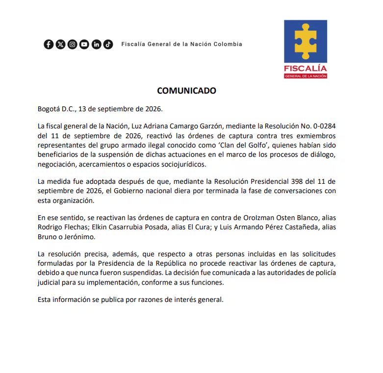 La decisión alcanza a OroIzman Osten Blanco, conocido como “Rodrigo Flechas”; a Elkin Casarrubia Posada, alias El Cura; y a Luis Armando Pérez Castañeda, identificado como “Bruno” o “Jerónimo” - crédito Fiscalía
