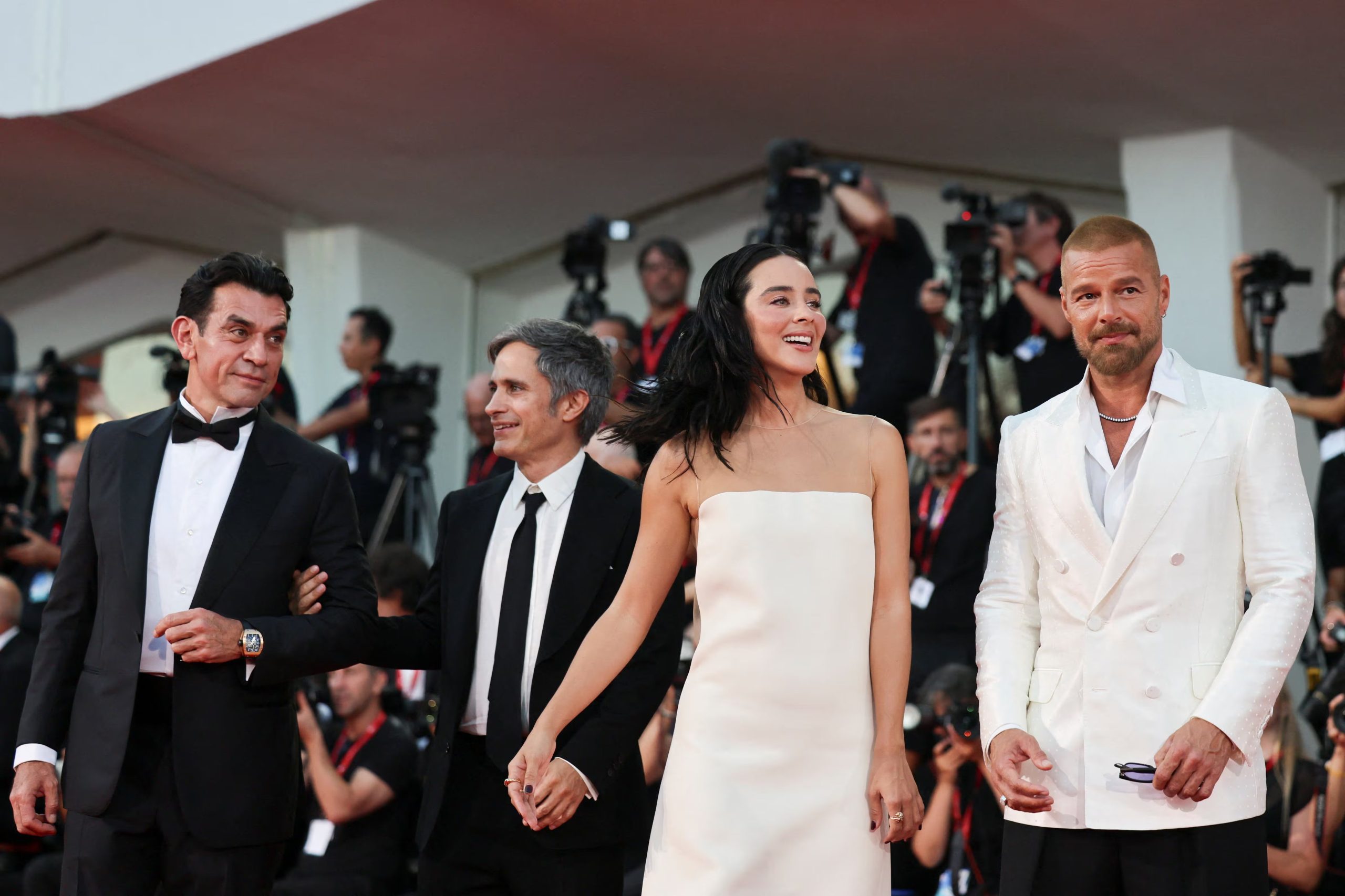 Gael Garcia Bernal, Esmeralda Pimentel, Jorge Salinas and Ricky Martin pose on the red carpet during arrivals for the screening of the movie 